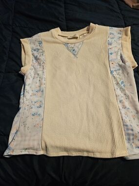 Haptics Holly Harper Womens Large Cream Floral Mixed Media Ribbed Sleeveless Top